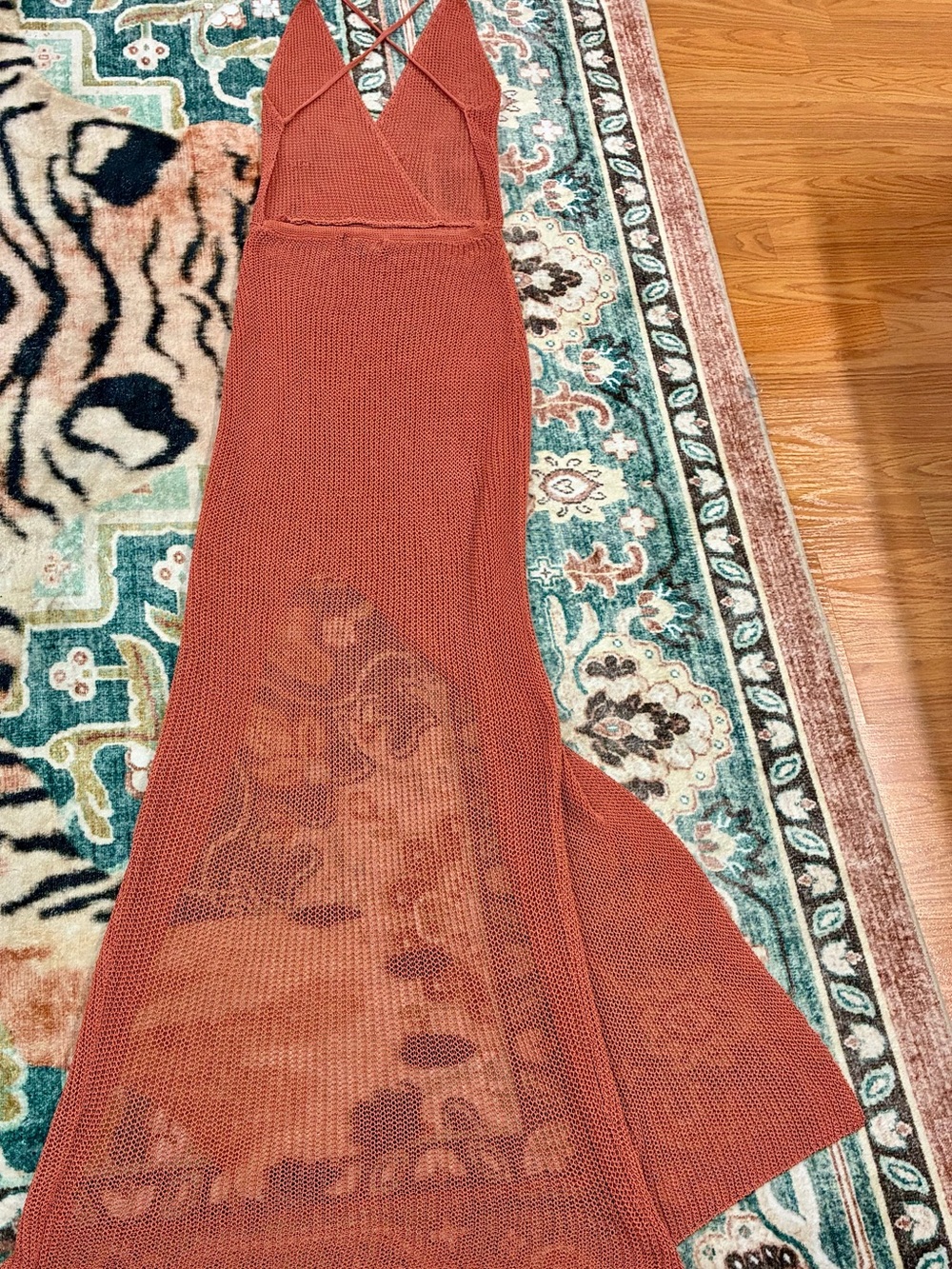 JLUXLABEL Rust Crochet Knit Maxi Dress Open Back Side Slit S